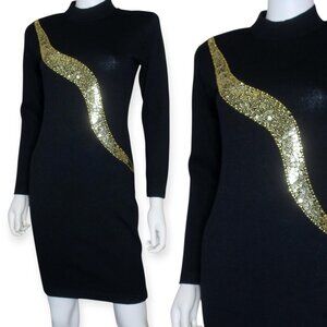 ST JOHN Evening Black Knit Dress Long Sleeves Sheath Gold Sequined Trim Womens 2